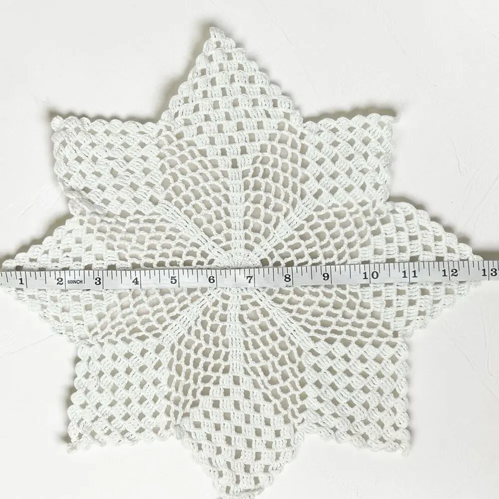 Vintage Hand Crocheted Doilies Set 2 White Table Topper Openwork Star Snowflake